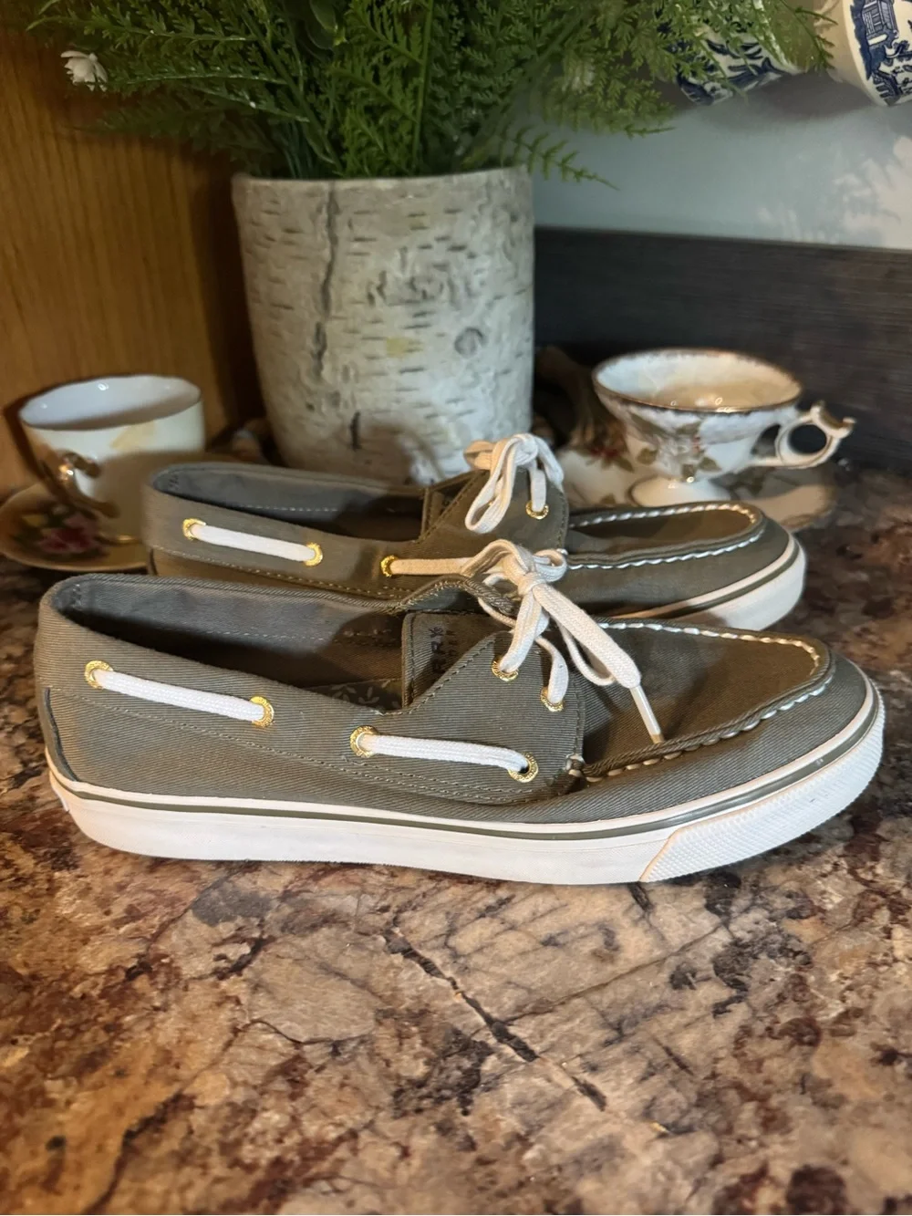 Sperry Olive Green Canvas Boat Sneakers with White Soles